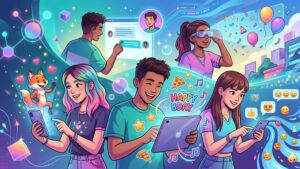 Современная иллюстрация цифровых открыток в футуристичном стиле для подростков к трендам 2026 года
